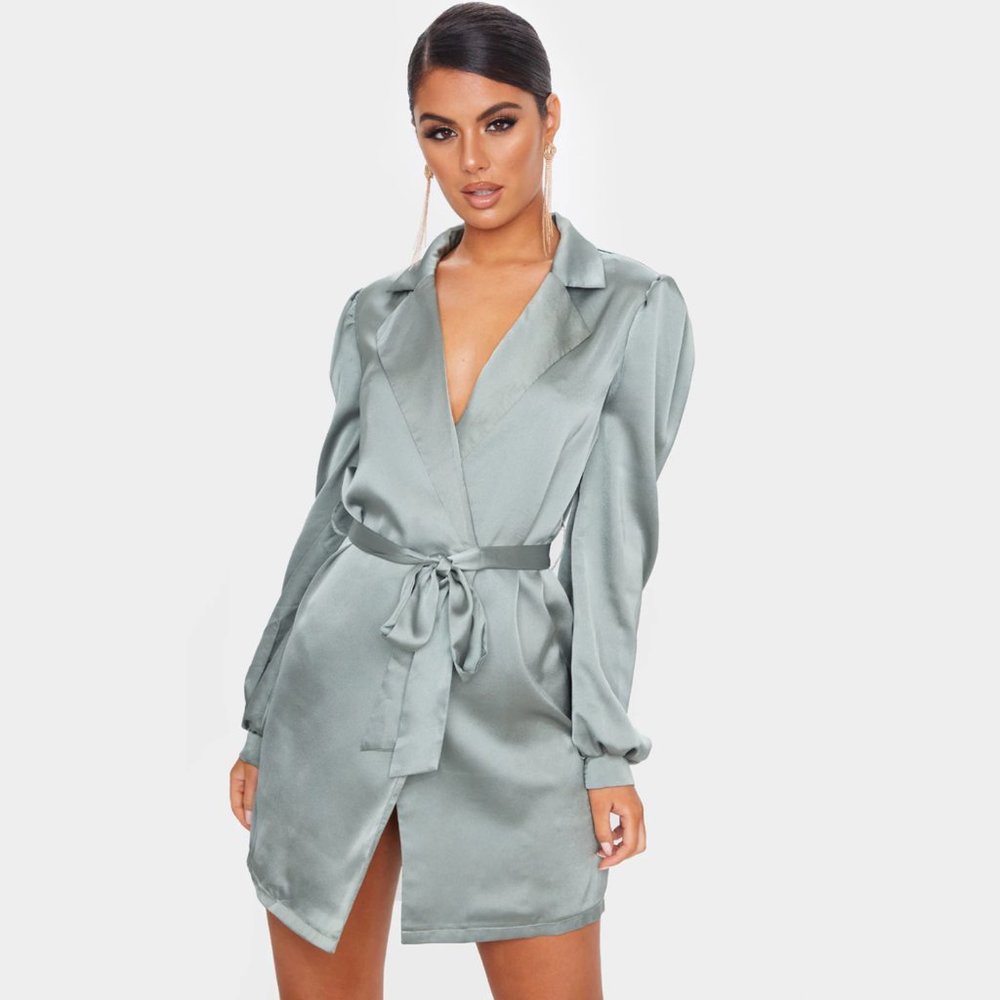 NEW Sage Green Satin Long Balloon Sleeve Blazer Dress